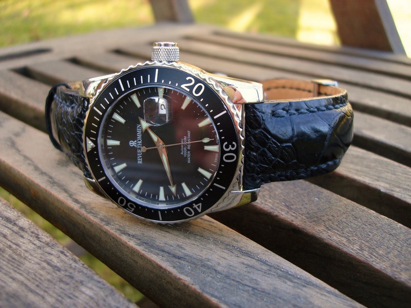 Revue Thommen Diver on Black Ostrich/Charcoal Stitching