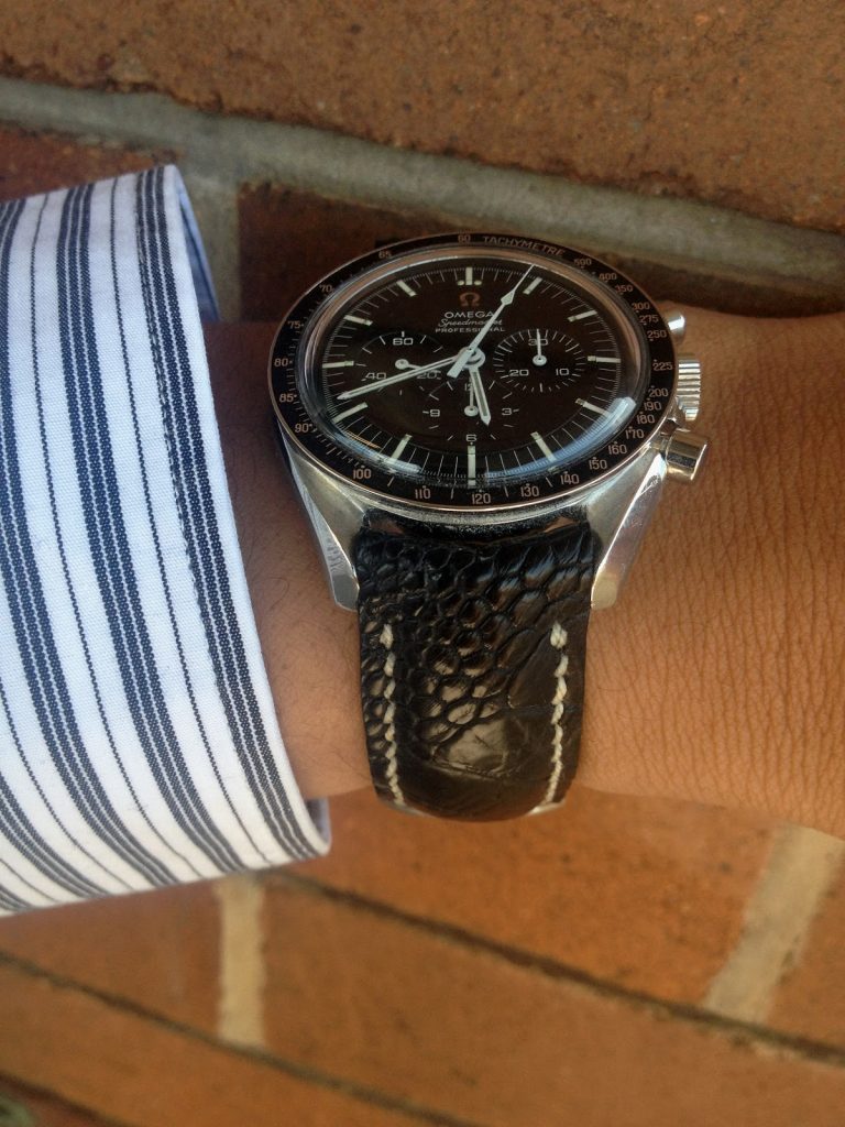 Brett's Omega Speedmaster Pre Moon calibre 321 Watch on Black Ostrich with our custom 'Thick Curved Lug System'