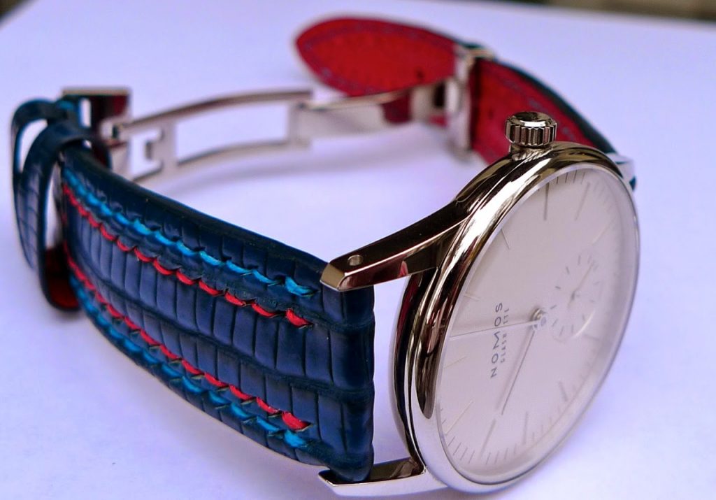 Custom strap for Nomos Orion 33 - Steel Blue Teju with Double Row stitching