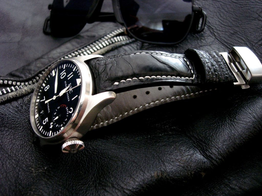 Satin-Black-Ostrich-Leg-skin watch-strap-for-IWC-Big Pilot-with-Integrated-fit