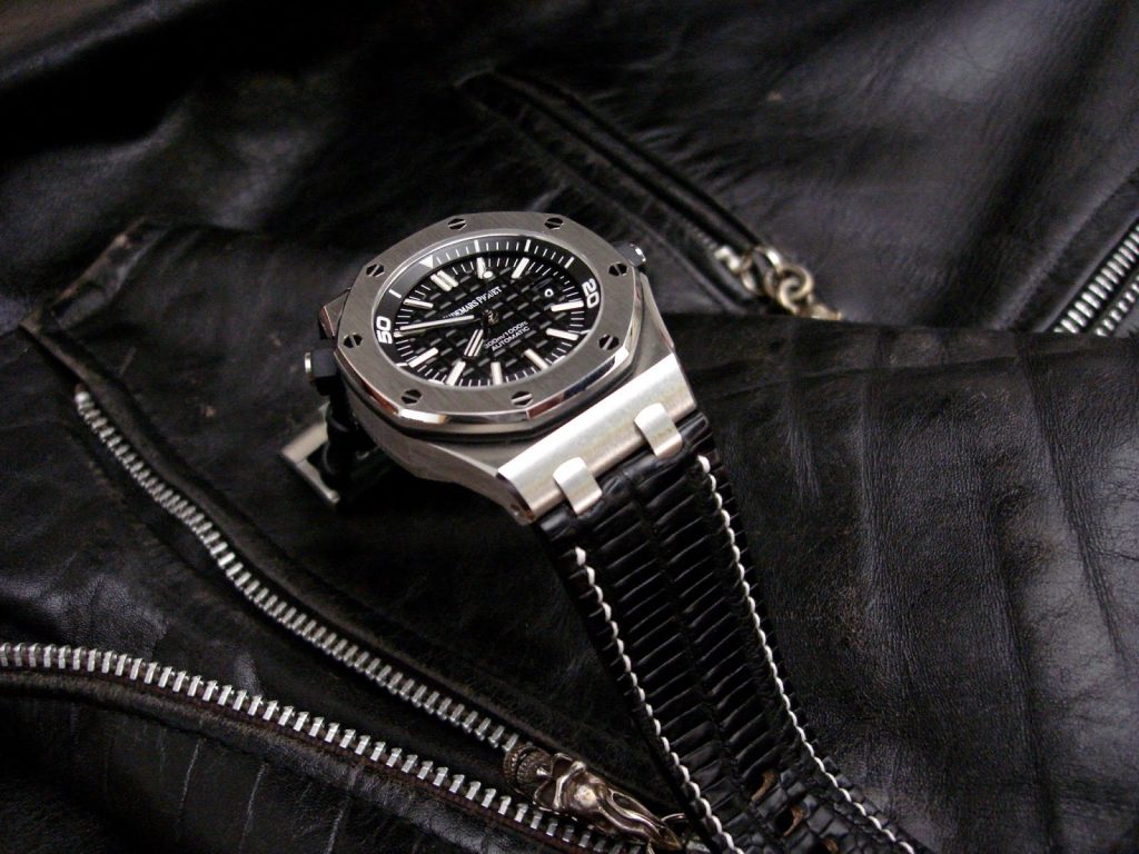 Custom Watch Strap for Royal Oak Offshore Diver Made From Racing Black Teju Lizard