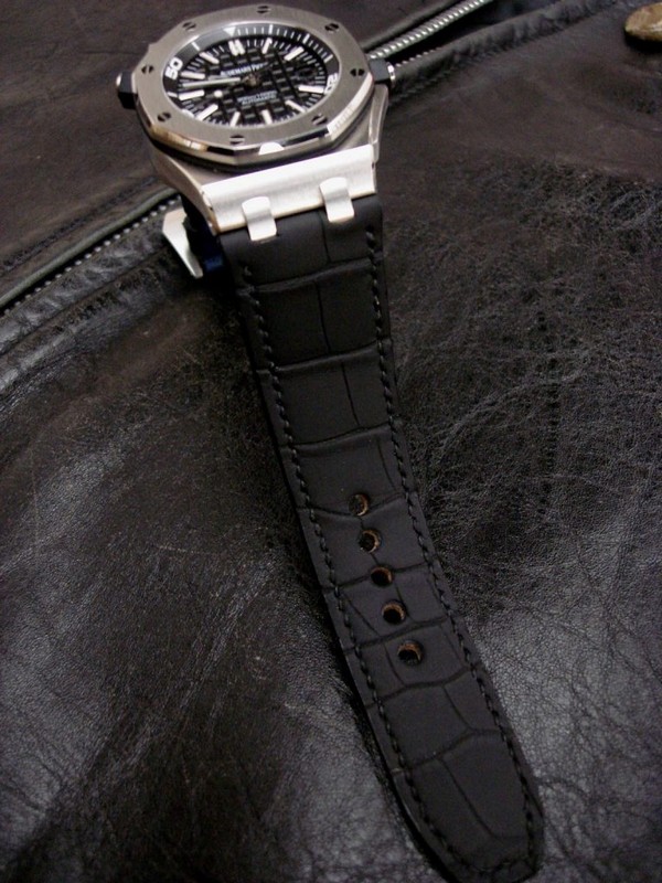 SuperMatte Carbon Black Alligator watch strap custom made for Audemars Piguet Diver