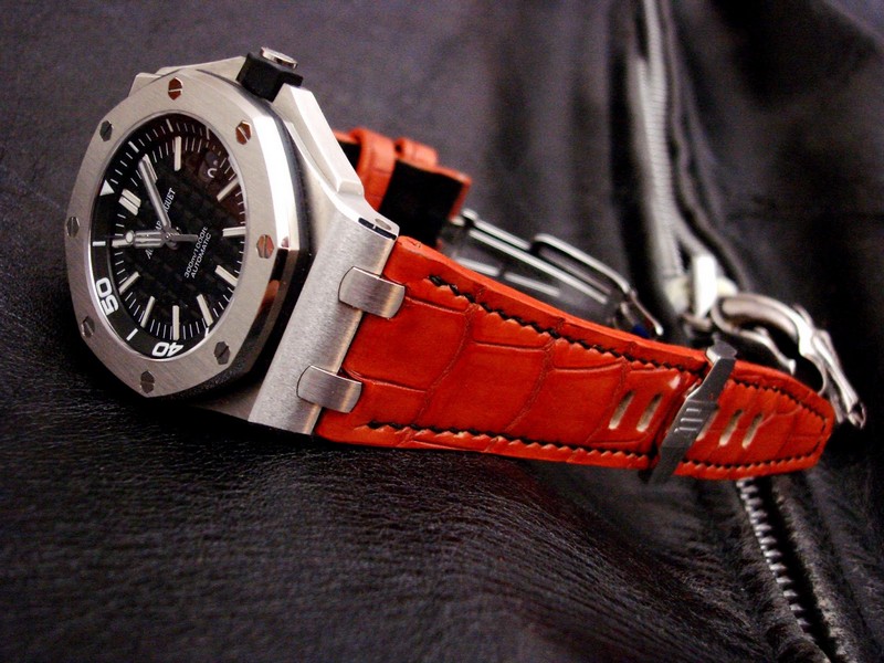 Custom Dyed Orange Alligator watch strap for Audemars Piguet Diver