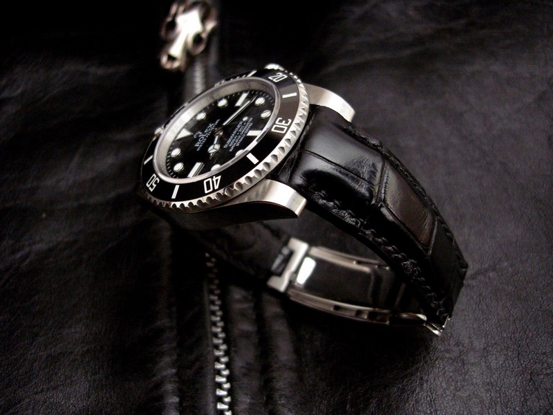Rolex Submariner on 'Million Dollar' Black Alligator strap with 'Thick Curved Lug System' (TCLS) and Rolex Glide-Lock Clasp fit
