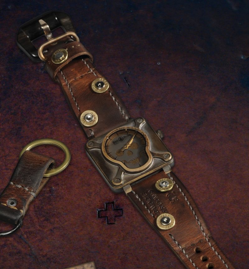 1952 Swiss Ammo strap with Custom Made 30-06 Bullet Shell Rivets for Bell & Ross Airborne Bronze