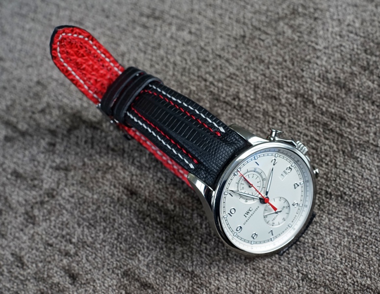 Joseph's Great looking IWC Portuguese Yacht Club Chronograph on SuperMatte Teju Lizard Strap with Double Row Stitching and Red Sharkskin Lining