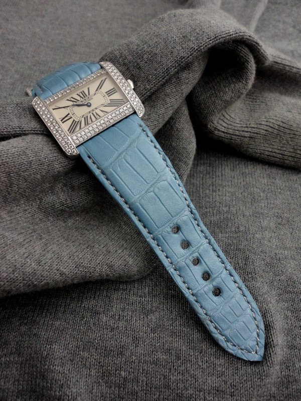 Pearl Blue Alligator watch Strap for Cartier Tank Divan Diamonds