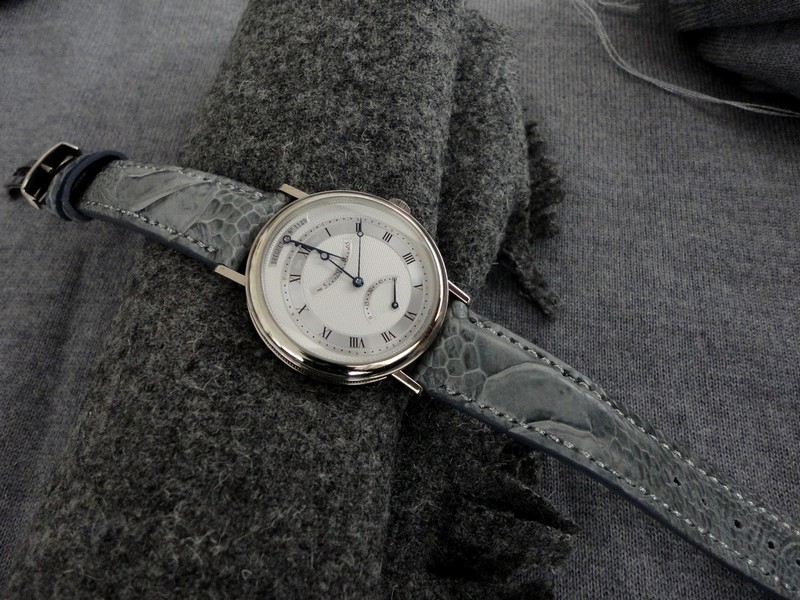 Classic Breguet 5207 on Denim Grey Ostrich leg skin strap with Silver stitching