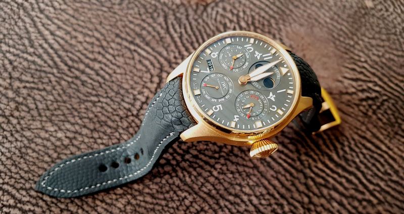 Peer's Incredible Rose Gold IWC Big Pilot Perpetual Calander on Carbon Black SuperMatte Ostrich Leg Watch Strap
