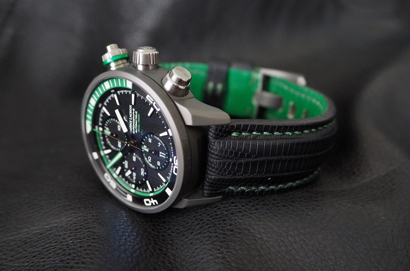 Benefits of Bespoke: Oliver's Maurice Lacroix PONTOS S EXTREME Chronograph on SuperMatte Teju with Green stitching and lining