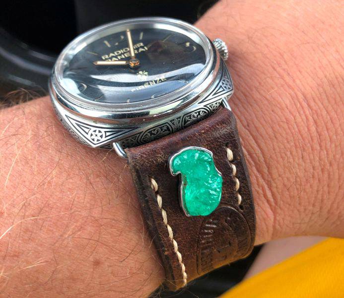 Brent's Panerai PAM672 on Swiss Ammo strap with Emerald Eagle Cabochons