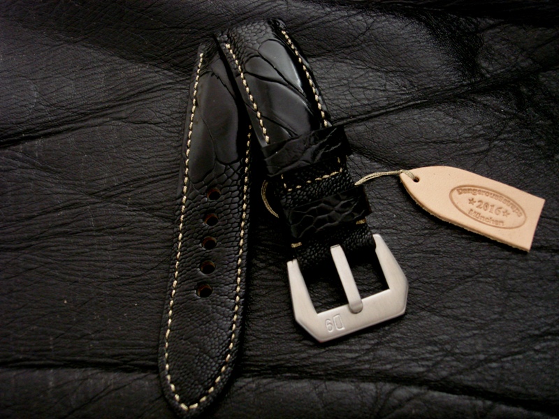 Custom Watch Strap -Satin Black Ostrich Leg skin strap for Panerai - Gold Metallic Stitching