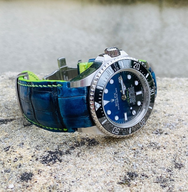 Custom dyed Alligator Hand Antique Finish Blue fade to black for Rolex Deep Sea D-Blue with our Fully Integrated Fit