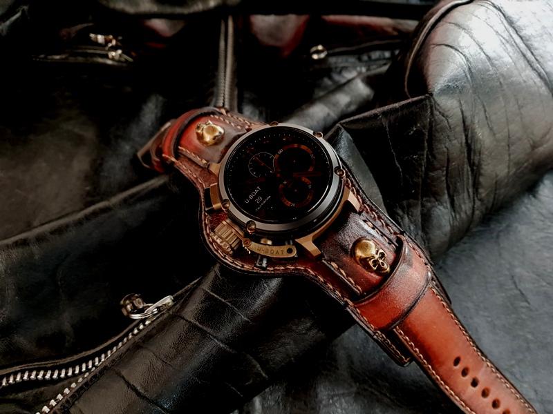 Custom 'Antique Mahogany' Leather Watch Strap for U-Boat CHIMERA 46mm with Bronze finished skulls at the lugs and bund underlayment