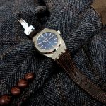 Custom watch strap for Audemars Piguet 15400 made from Tobacco Brown Teju Lizard