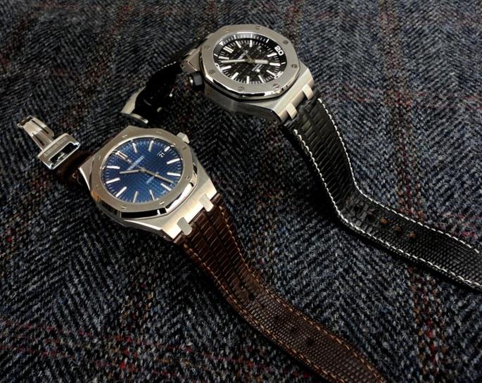 Custom Watch Straps for Audemars Piguet Royal Oak 15400 Blue and Diver: Tobacco and Racing Black Teju Lizard