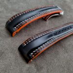 Waxy Black Calfskin strap with Double Row stitching and Orange Edge Paint