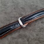 Waxy Black Calfskin strap with Double Row stitching and Orange Edge Paint