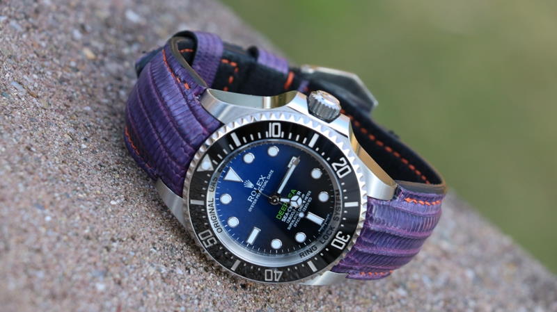 Custom dyed 'Plumb' Teju Lizard strap for Rolex Deepsea