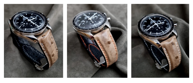 Desert Khaki Ostrich strap for Omega Speedmaster stitched with Steel Grey, Orange and Cream-White Linen