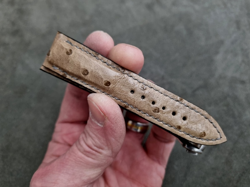 Khaki Ostrich Crown Quill watch strap Grey stitching Khaki Ostrich Crown Quill watch strap Grey stitching
