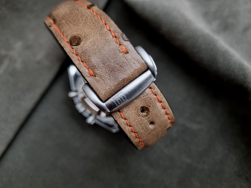 Khaki Ostrich Crown Quill watch band- Orange stitching Khaki Ostrich Crown Quill watch band- Orange stitching