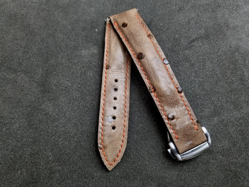Khaki Ostrich Crown Quill watch strap- Orange stitching Khaki Ostrich Crown Quill watch strap- Orange stitching