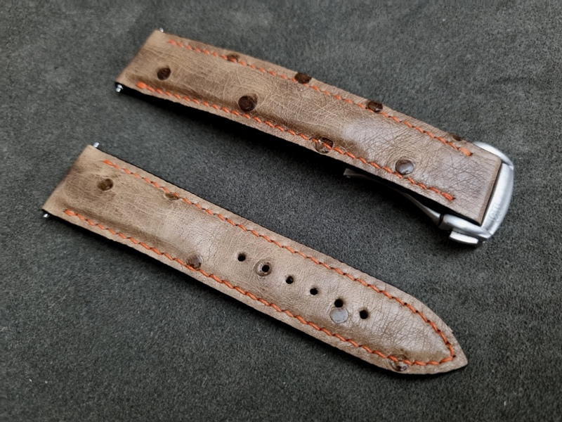 Khaki Ostrich Crown Quill watch strap- Orange stitching Khaki Ostrich Crown Quill watch strap- Orange stitching