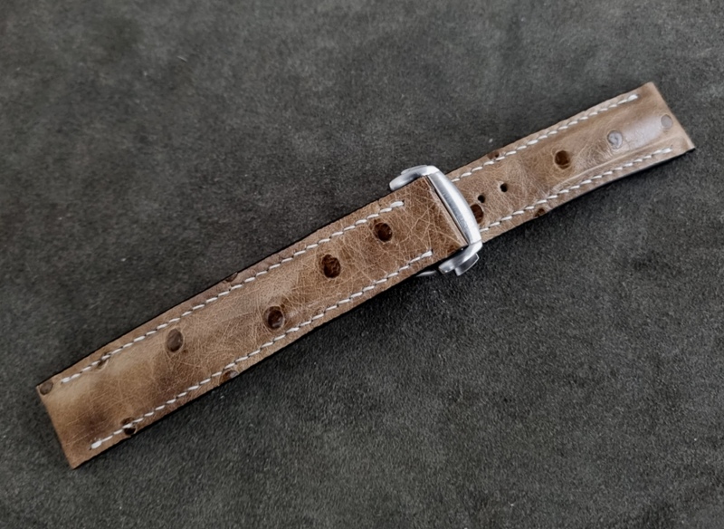 Khaki Tan Ostrich Crown Quill watch strap-white stitching Khaki Tan Ostrich Crown Quill watch strap-white stitching