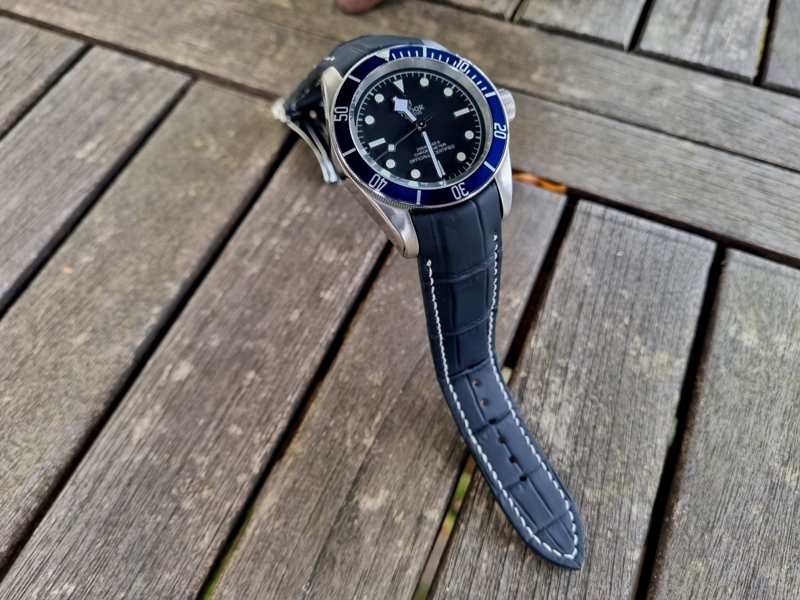 Curved Lugs Navy Matte Alligator strap_ Tudor Black Bay M79230B standing up