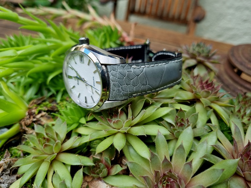 Commando Grey Ostrich leg skin strap on Grand Seiko Snowflake